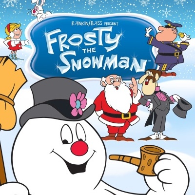 Ilustração de desenho animado com Frosty the Snowman e outros personagens em fundo azul com flocos de neve