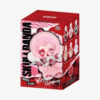 Caixa de brinquedo de pelúcia SKULLPANDA Winter Symphony vermelha com personagem rosa e padrão xadrez.