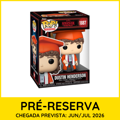 Figura vinyl Dustin Henderson da série Stranger Things em caixa preta com detalhes vermelhos