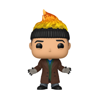 Figura Funko Pop com cabelo em chamas, roupa castanha e azul