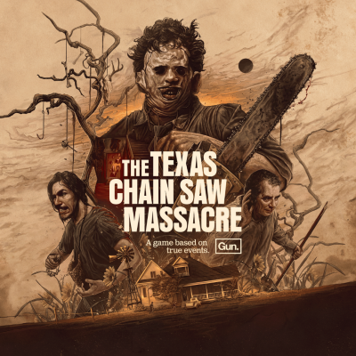 Cartaz de jogo THE TEXAS CHAIN SAW MASSACRE com personagens, serra elétrica e casa antiga em fundo castanho.