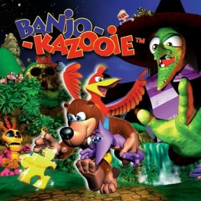 Capa do jogo Banjo-Kazooie com personagens e cenário da floresta