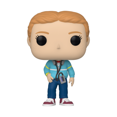 Figura Funko Pop de personagem com casaco azul claro e crachá