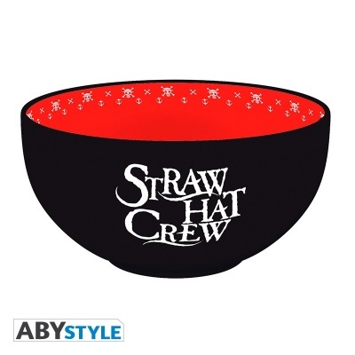 Tigela preta com interior vermelho e texto Straw Hat Crew