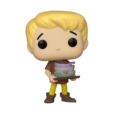 Figura Funko Pop de personagem loiro com pilha de objetos