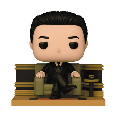 Figura Funko Pop homem com fato preto sentado numa cadeira verde