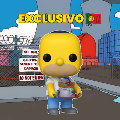 Figura Funko Pop do Homer Simpson segurando objeto colorido com fundo industrial e texto exclusivo com bandeira de Portugal