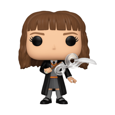 Funko Pop de Hermione Granger com uniforme escolar e acessório transparente em forma de asas