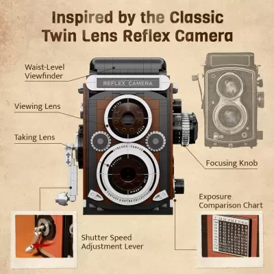 Câmara twin lens reflex clássica com lentes e botões rotativos num fundo bege.