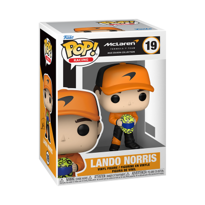 Figura Funko Pop! Racing de Lando Norris com boné laranja e capacete azul e amarelo na caixa