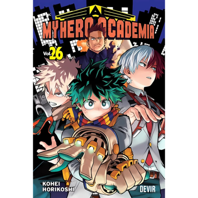 Capa do livro MY HERO ACADEMIA Vol. 26 com três personagens de manga em destaque