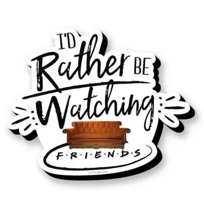 Autocolante branco com texto preto e sofá castanho da série Friends