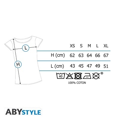 Guia de tamanhos para t-shirt feminina ABYSTYLE com medidas e instruções de lavagem