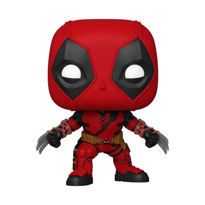 Figura Funko Pop do personagem Deadpool com fato vermelho e preto e garras prateadas