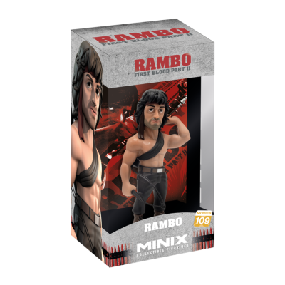 Embalagem de figura de ação Minix do filme Rambo com personagem vestido de calças pretas e faixa preta no peito
