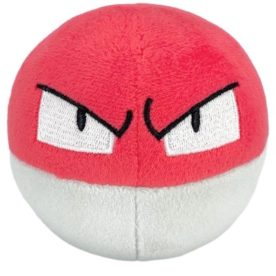 Pelúcia redonda com olhos zangados, metade superior vermelha e inferior cinza