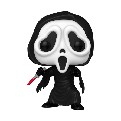 Figura estilizada Ghostface do filme Scream com máscara branca e roupa preta segurando faca vermelha
