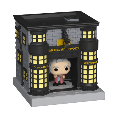 Figura colecionável Funko Pop loja Ollivanders com paredes cinzentas e janelas amarelas iluminadas