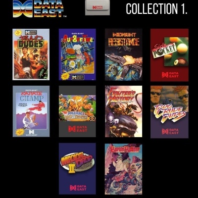 Capa de coleção de videojogos DATA EAST Collection 1 com nove jogos retro e cartucho branco