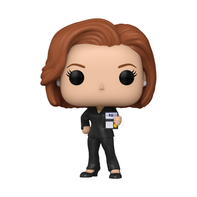 Figura Funko Pop com cabelo ruivo, roupa preta e cartão FBI