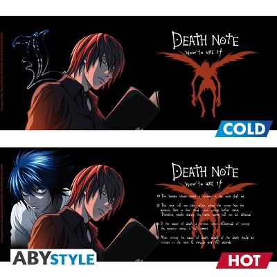 Imagem de personagens do anime Death Note com efeitos COLD e HOT e texto instrucional