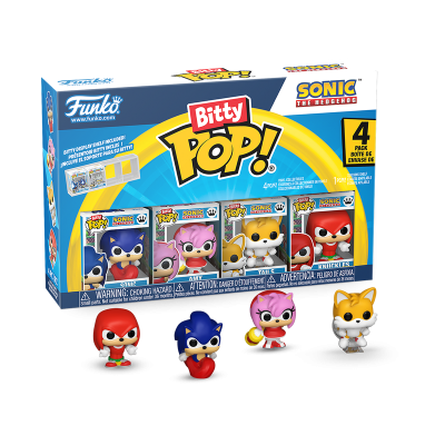 Caixa Funko Bitty Pop! com quatro figuras de personagens Sonic, Amy, Tails e Knuckles