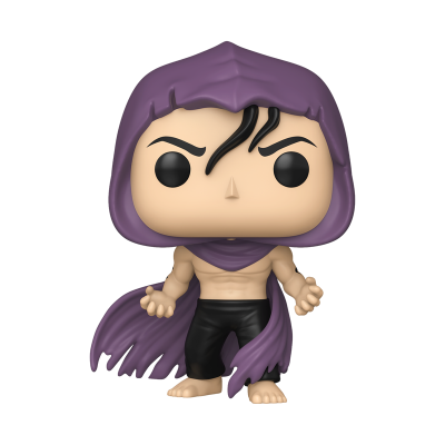 Figura Funko Pop com capuz roxo, calças pretas e cabelos pretos
