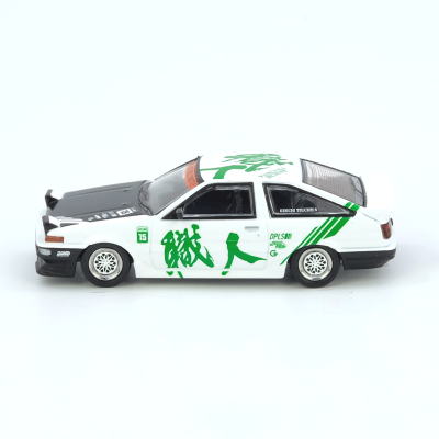 Miniatura de carro desportivo branco com detalhes em preto e verde
