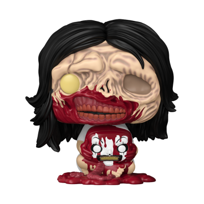 Boneco colecionável com rosto desfigurado e sangue segurando cabeça de palhaço ensanguentada