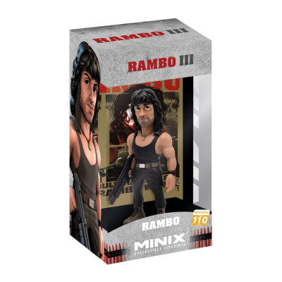 Figura colecionável de Rambo III em caixa com design do personagem e texto