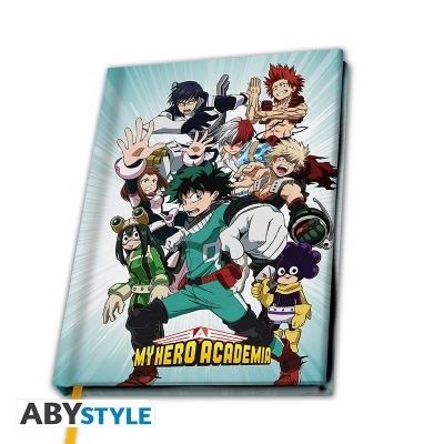 Caderno My Hero Academia com capa dura e personagens do anime em fundo azul