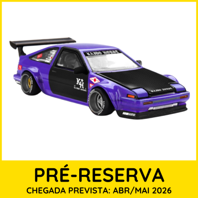 Miniatura de carro desportivo roxo com detalhes em preto e texto de pré-reserva