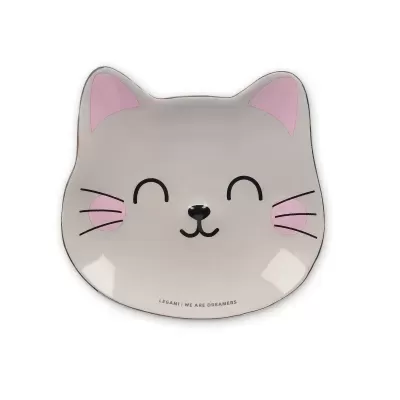 Prato cerâmico formato rosto de gato com detalhes em rosa e texto na base