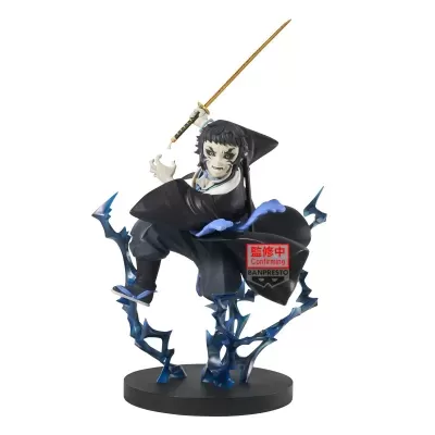 Figura colecionável de personagem anime com espada e base preta com efeitos azuis