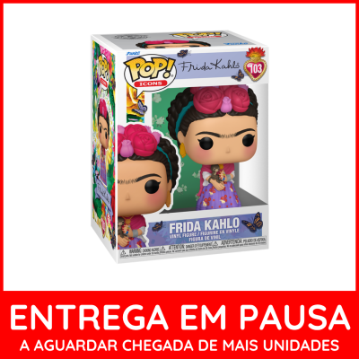 Funko Pop Frida Kahlo em caixa com texto de entrega em pausa