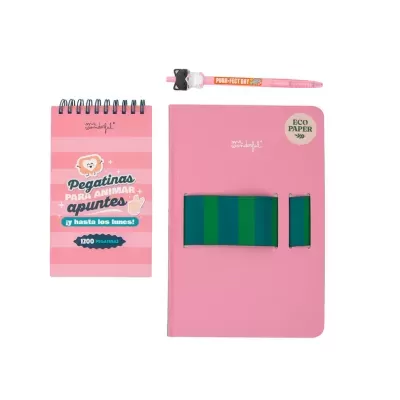 Conjunto de papelaria rosa com caderno, bloco de anotações e caneta com topper de gato