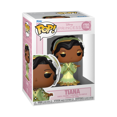 Funko Pop! Tiana princesa Disney em embalagem de vinil rosa e branca.