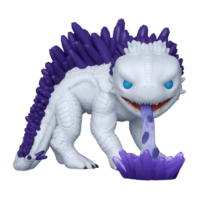 Figura colecionável de dinossauro branco com espinhos roxos jorrando língua roxa