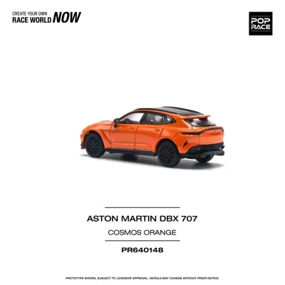 Miniatura de carro Aston Martin DBX 707 laranja Cosmos com texto e fundo branco