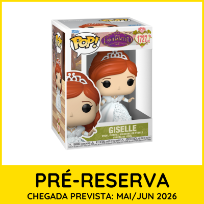 Figura de vinil Pop! Funko da Giselle em embalagem branca e roxa, com fundo amarelo e texto de pré-reserva.