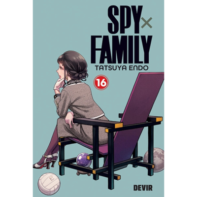 Capa do livro Spy x Family Volume 16 com mulher sentada numa cadeira roxa e bolas ao redor