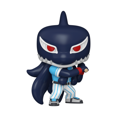 Figura Funko Pop azul escuro com olhos vermelhos e uniforme de basebol azul claro e branco