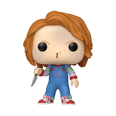 Figura Funko Pop de Chucky com faca e roupa azul com o texto Good Guys