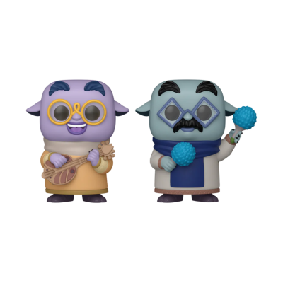 Dois bonecos Funko Pop coloridos um lilás com cítara e outro azul claro com maracas