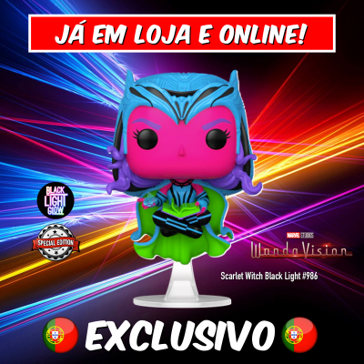 Figura colecionável Scarlet Witch Black Light em fundo colorido com texto promocional