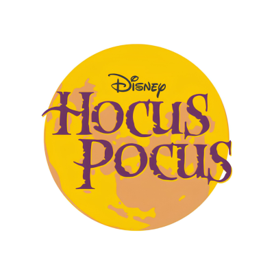 Disco amarelo com texto Disney Hocus Pocus em letras roxas