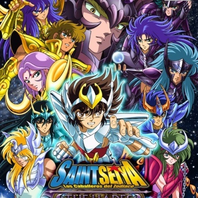 Personagens de Saint Seiya com armaduras coloridas em fundo espacial e texto do título