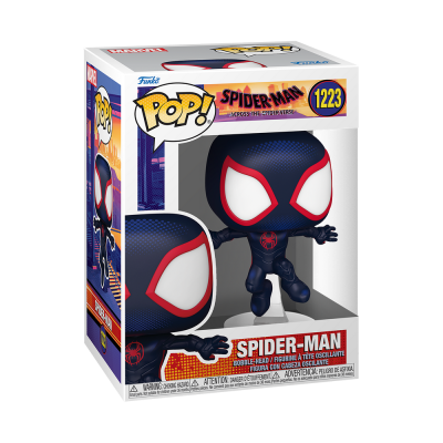 Figura Funko Pop! Spider-Man número 1223 com máscara preta e vermelha e símbolo de aranha