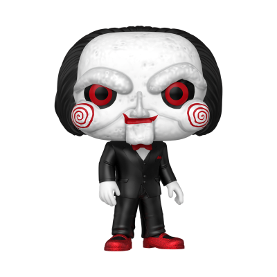 Figura Funko Pop com máscara branca, olhos vermelhos, fato preto e sapatos vermelhos