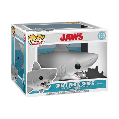 Funko Pop! tubarão branco do filme JAWS na caixa com texto e número.